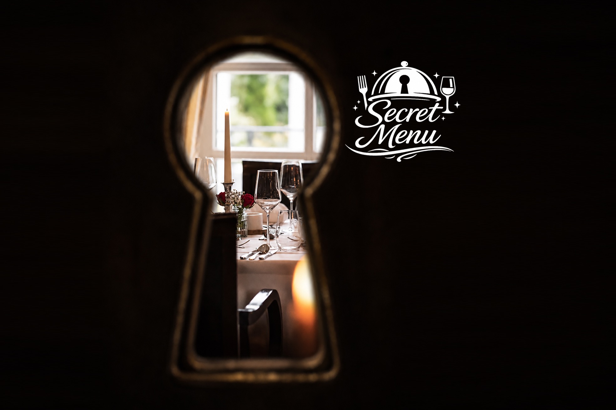 Blick durch ein Schlüsselloch auf einen elegant gedeckten Tisch im Haus Gerbens mit Kerze, Weingläsern und dem Schriftzug Secret Menu bei Fensterlicht.